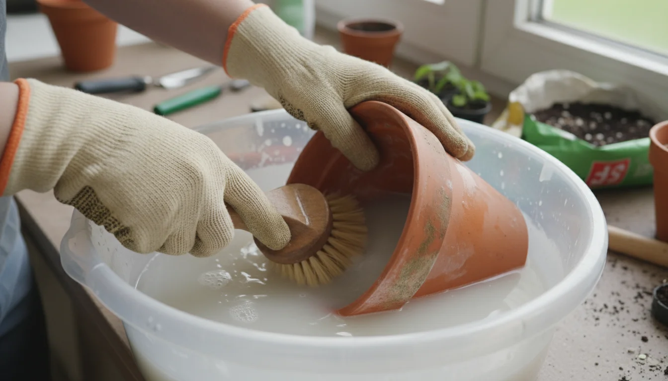 Gloved hands scrub a terracotta pot in a basin of vinegar solution, with other pots soaking, on an outdoor patio.