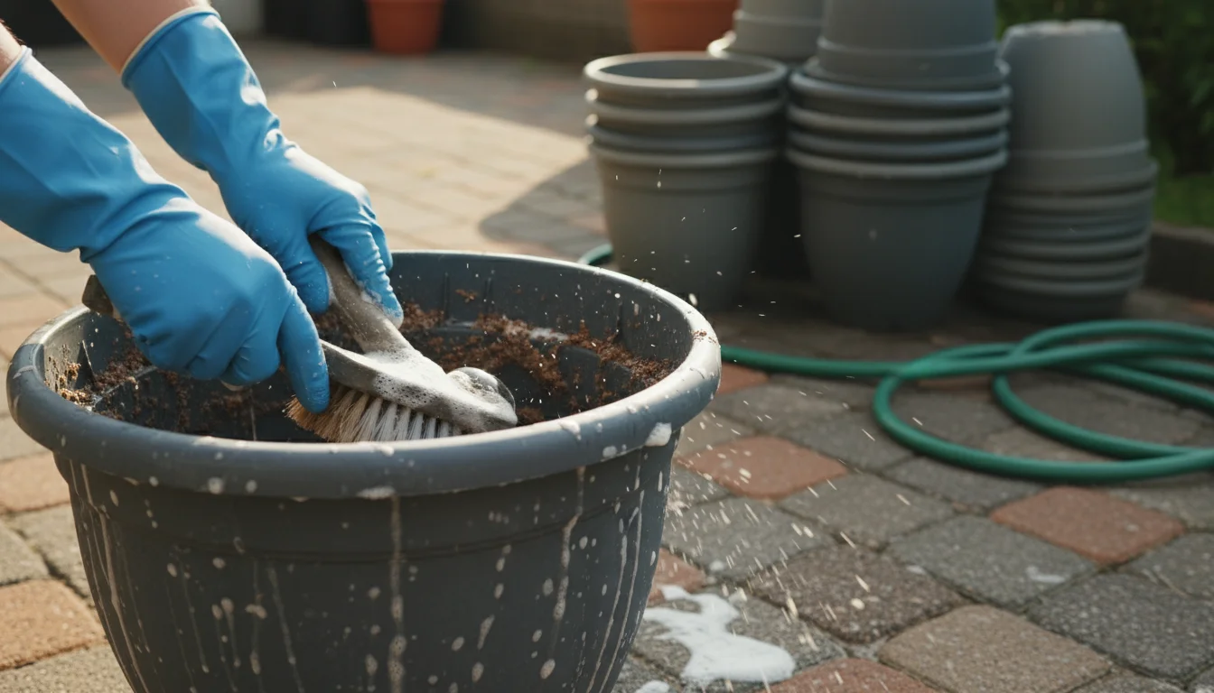 Gloved hands scrubbing the inside of a dirty dark grey plastic pot with a stiff brush on a sunlit patio.