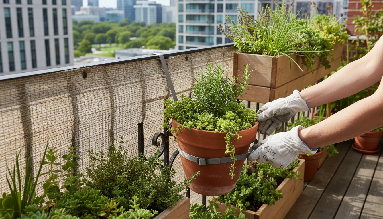 Gloved hands securing a terracotta pot to a balcony railing; a semi-transparent windbreak and grouped plants are visible.