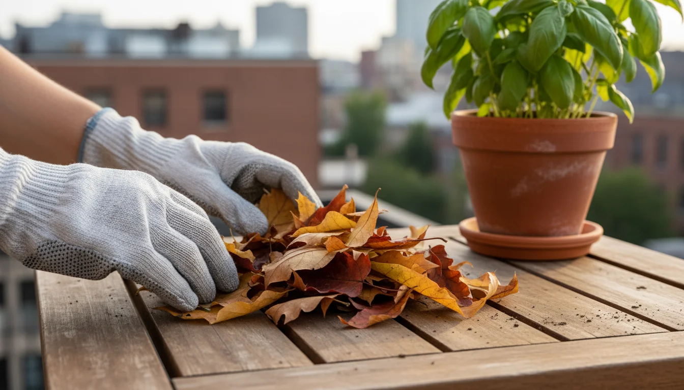 Gloved hands carefully sift through a pile of collected autumn leaves on a wooden bench, with a potted basil plant nearby.
