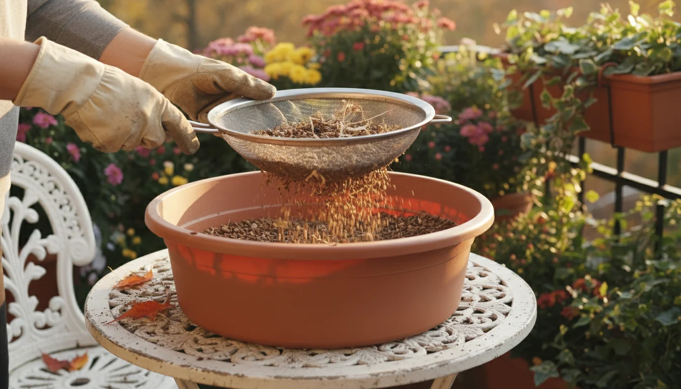 Gloved hands sift used potting mix, revealing dried roots and debris, on a balcony table with container plants in soft autumn light.