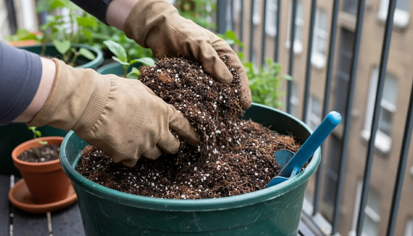 Close-up of gloved hands sifting dark potting mix with perlite and coco coir in a repurposed bucket on a small balcony.