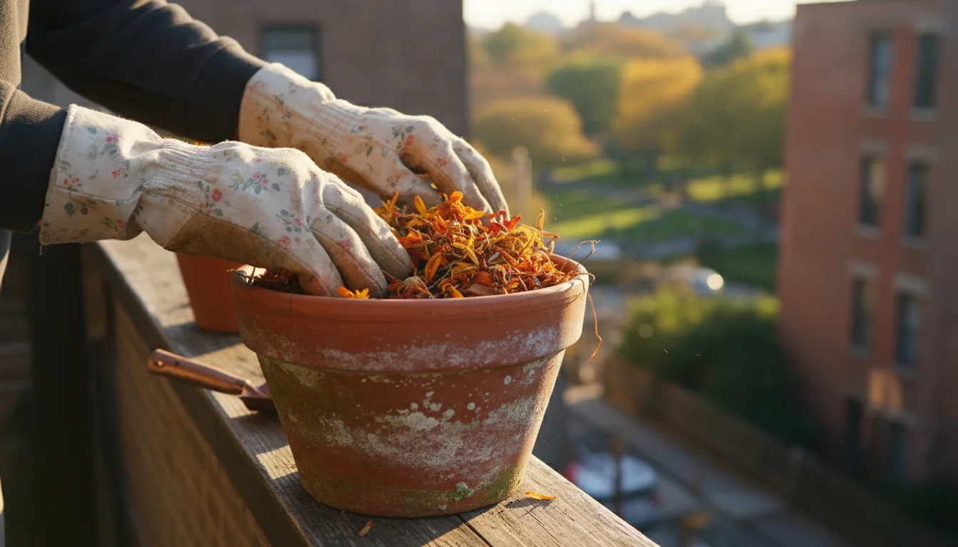 Gloved hands gently sifting through dried autumn leaves and spent marigold remnants in a terracotta pot on an urban balcony.