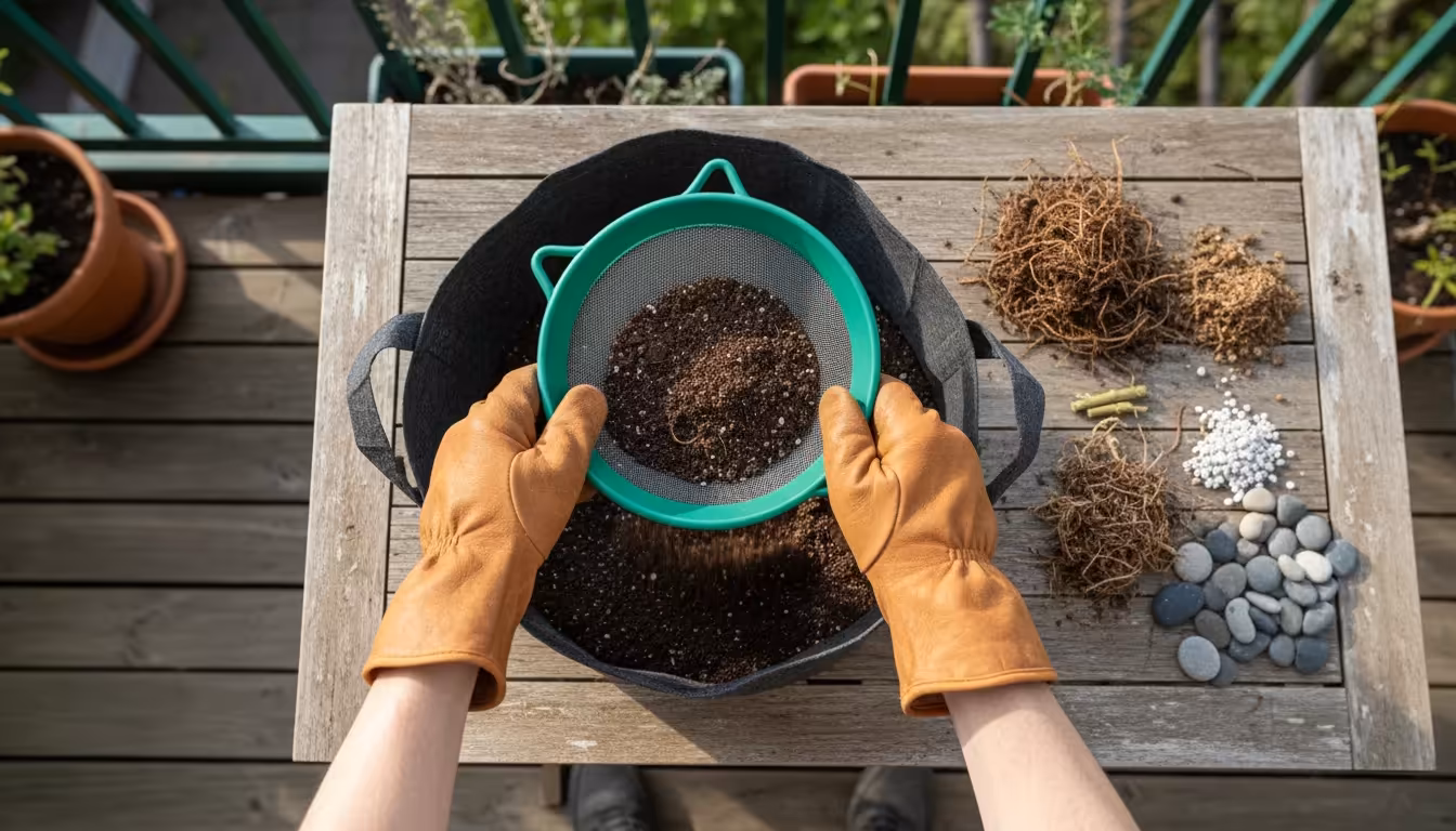 Overhead view of gloved hands sifting old potting mix through a garden sieve on a balcony table, with debris visible.