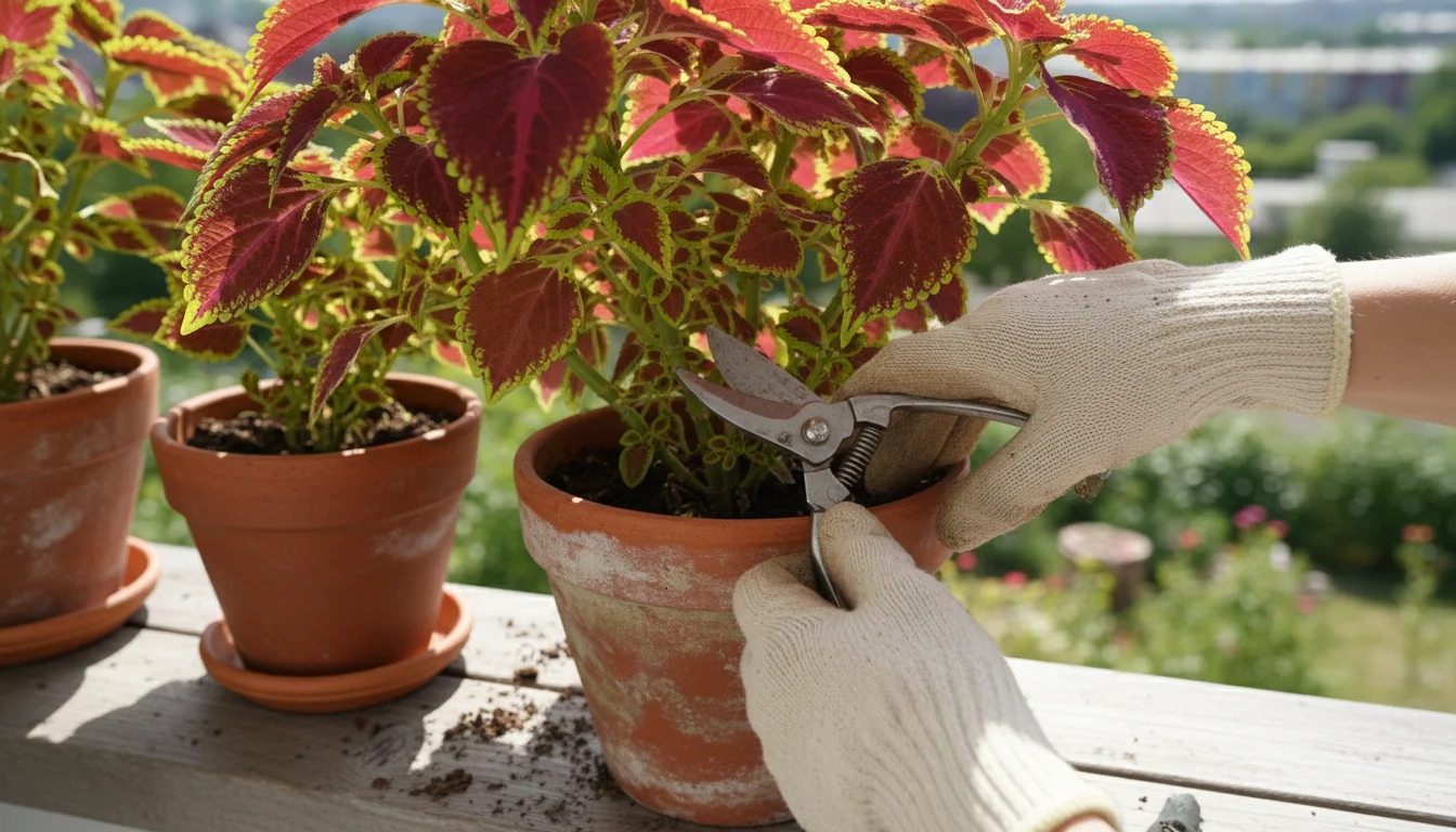 Gloved hands carefully snip a vibrant red and green coleus stem from a healthy potted plant on a wooden balcony railing.