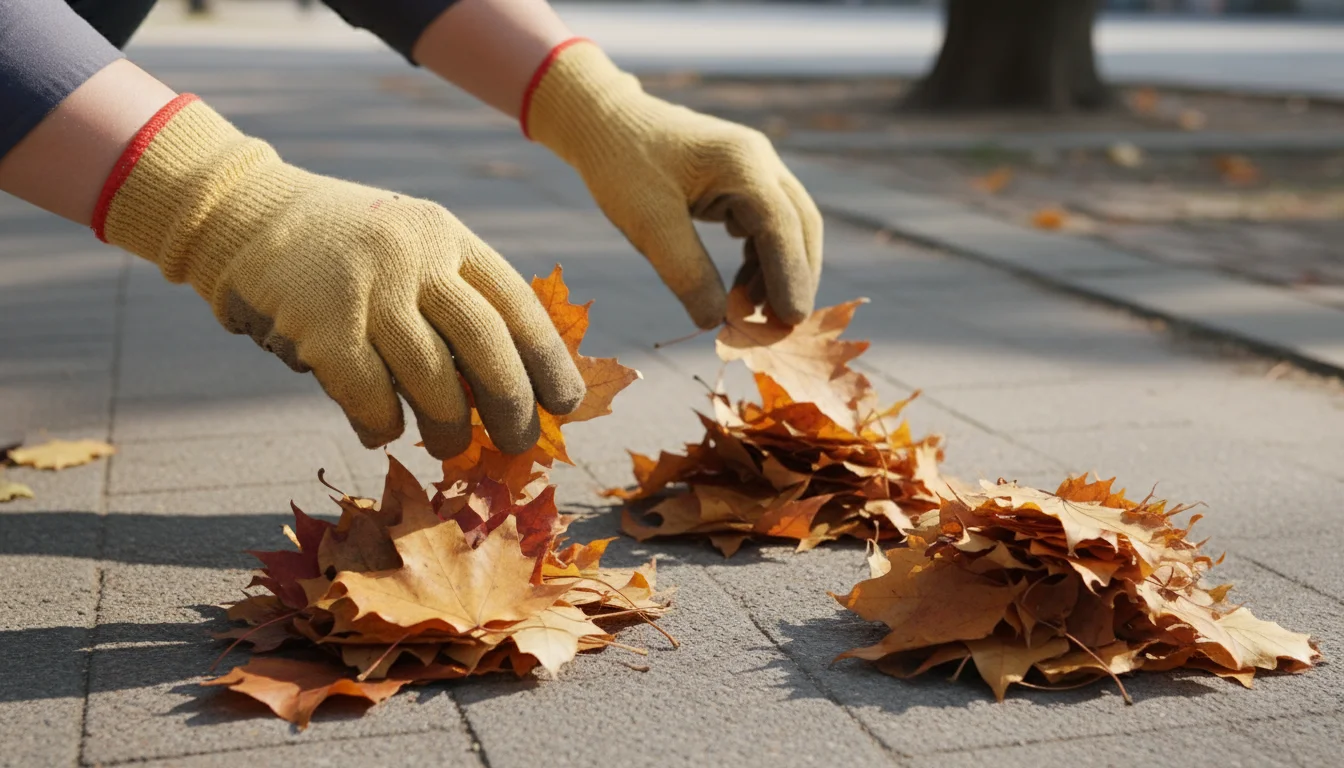 Gloved hands carefully sort through a small pile of dry, colorful leaves on a textured city sidewalk, with a lamppost in the background.
