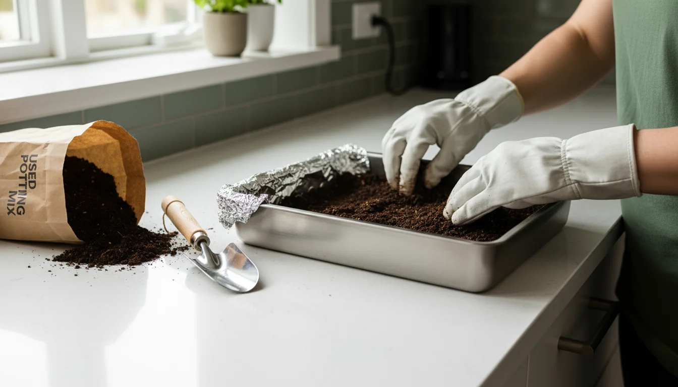 Gloved hands spread moist potting mix into an oven-safe pan, partially covered with foil, on a clean kitchen counter.