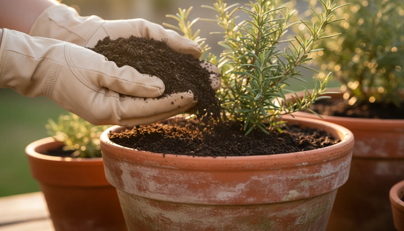 Close-up of gloved hands spreading dark organic mulch around a rosemary plant in a terracotta pot on a sunny balcony.