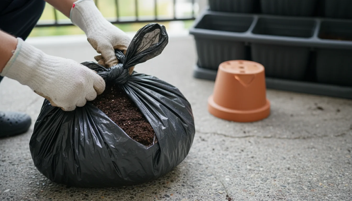 Gloved hands carefully tie off a sturdy black refuse bag filled with old garden soil on a concrete balcony floor.