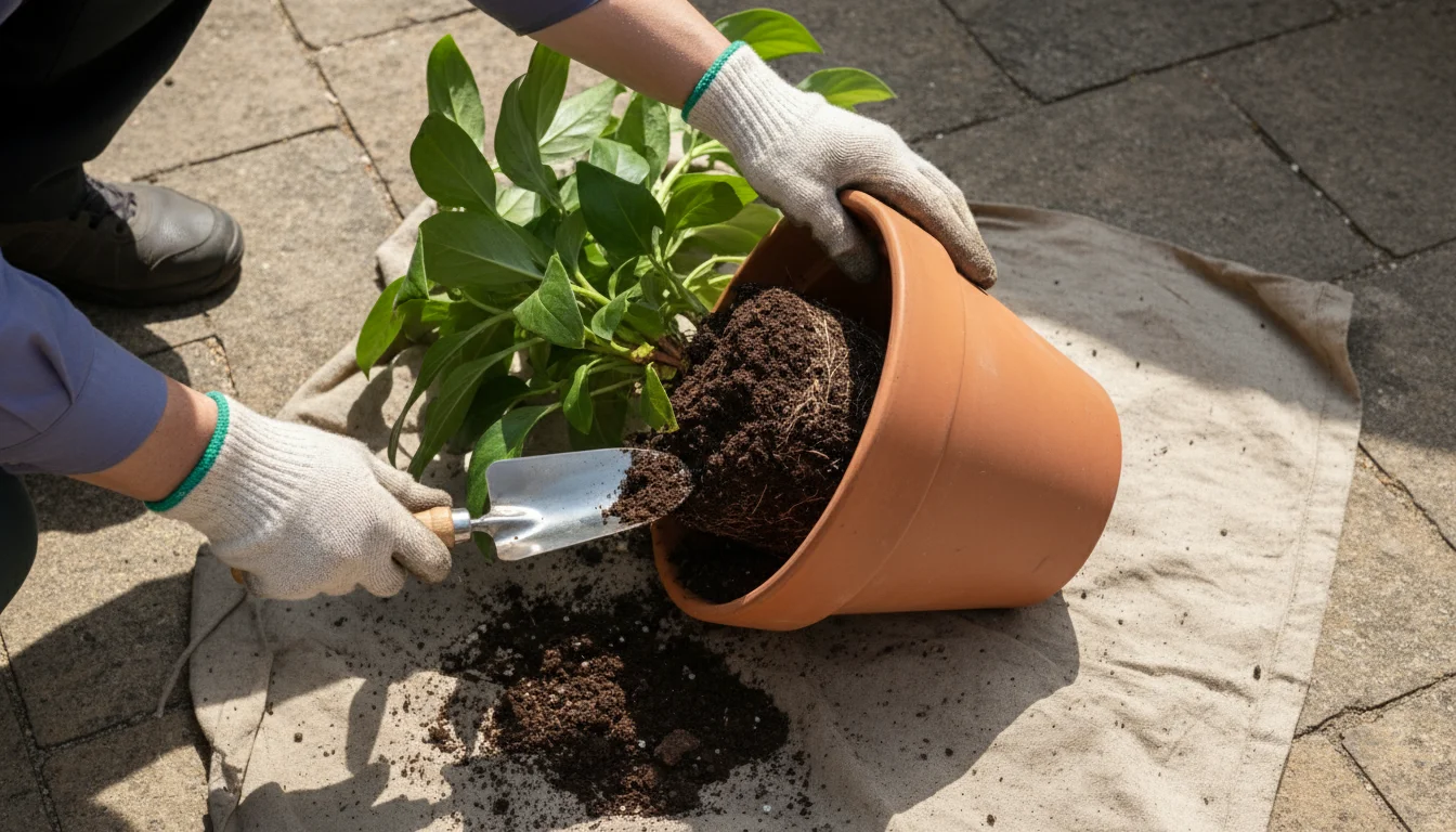 Gloved hands carefully tip a terracotta pot onto a tarp on a patio, using a trowel to loosen the soil and remove the root ball.