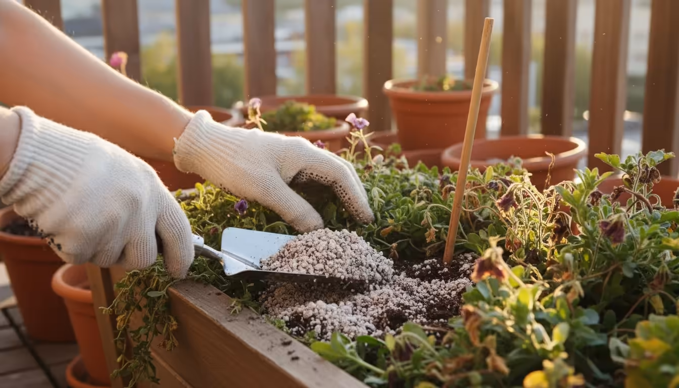 Gloved hands top-dressing a balcony planter with fresh potting mix, a chopstick in the soil, and faded annuals visible.