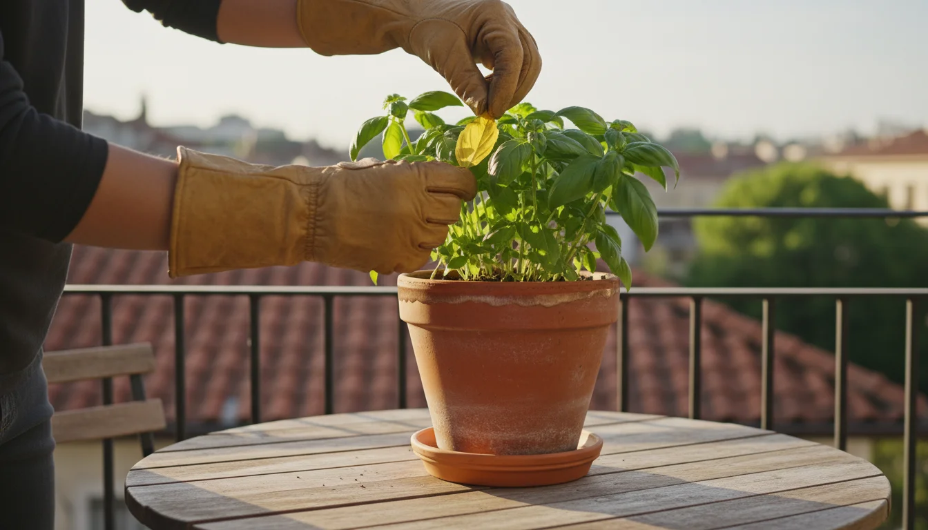 Gloved hands carefully trim a dead leaf from a basil plant in a terracotta pot on a balcony table, showcasing protection for small tasks.