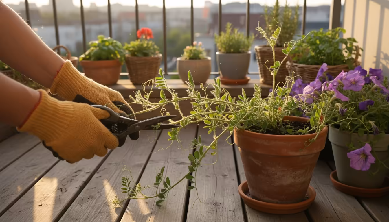 Gloved hands trim leggy hairy vetch in a terracotta pot on a balcony, with other small container plants nearby, in warm golden light.