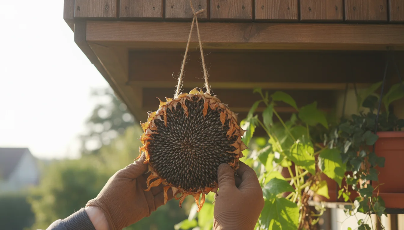 Gloved hands carefully tuck a small, fresh sunflower head bird feeder under a balcony overhang, surrounded by lush potted plants.