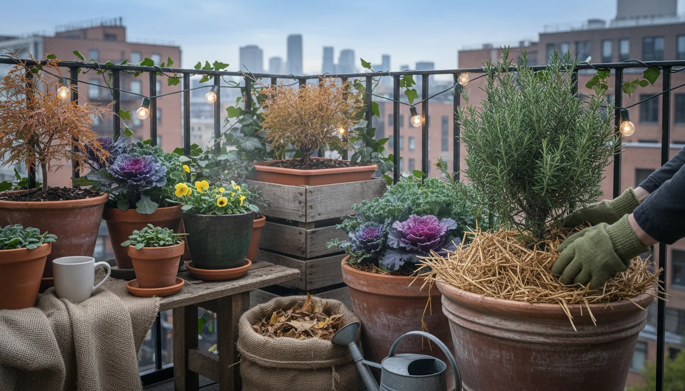 Gloved hands tuck straw mulch around a rosemary plant in a terracotta pot on a balcony in late autumn. Other container plants are clustered for winter