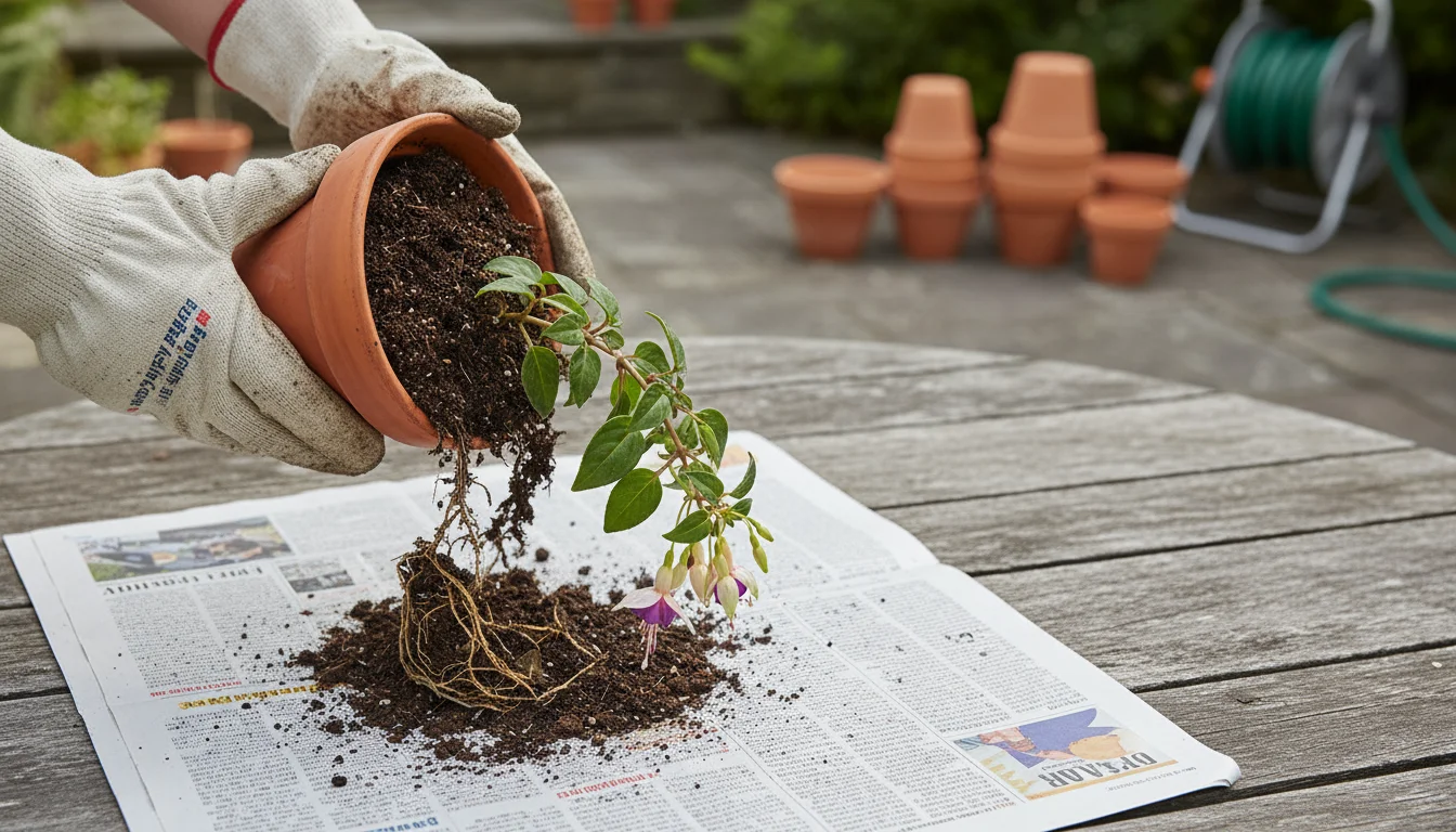 Gloved hands carefully unpotting a droopy plant from its wet terracotta pot onto newspaper, with pruning shears and fresh soil nearby.
