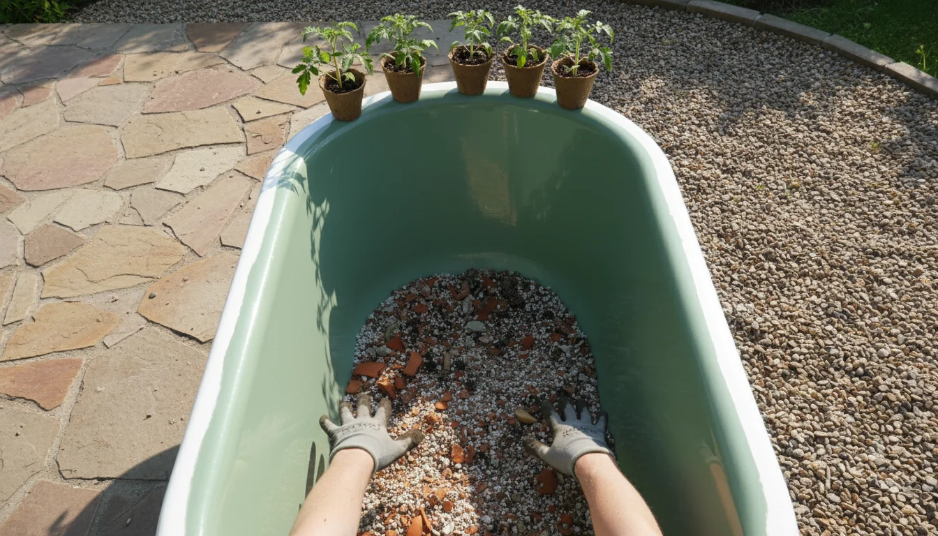 Gloved hands level upcycled drainage material inside a deep, sage-green clawfoot bathtub planter on a gravel patio, with plant starts on the rim.