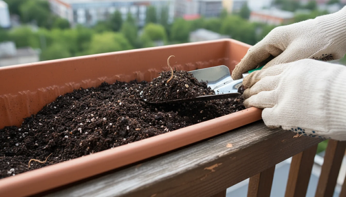 Gloved hands use a silver trowel to scoop dark, aerated potting mix into a weathered terracotta window box on a wooden railing.