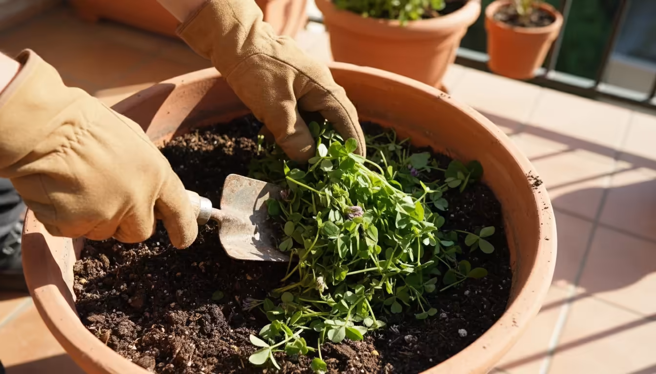 Gloved hands use a small trowel to mix chopped green cover crop into dark soil within a terracotta pot on a sunny balcony.