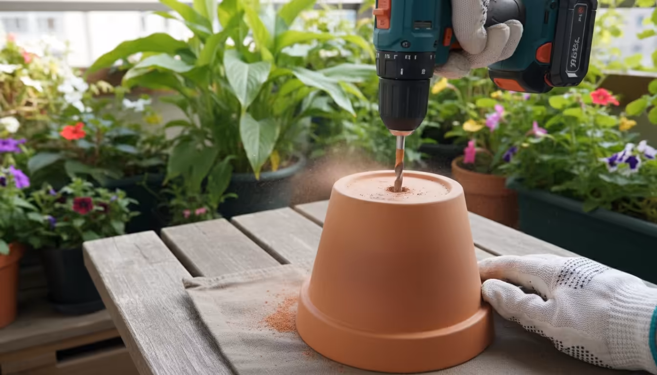 Gloved hands using a cordless drill to create a new drainage hole in the bottom of an upside-down terracotta pot on a wooden surface.