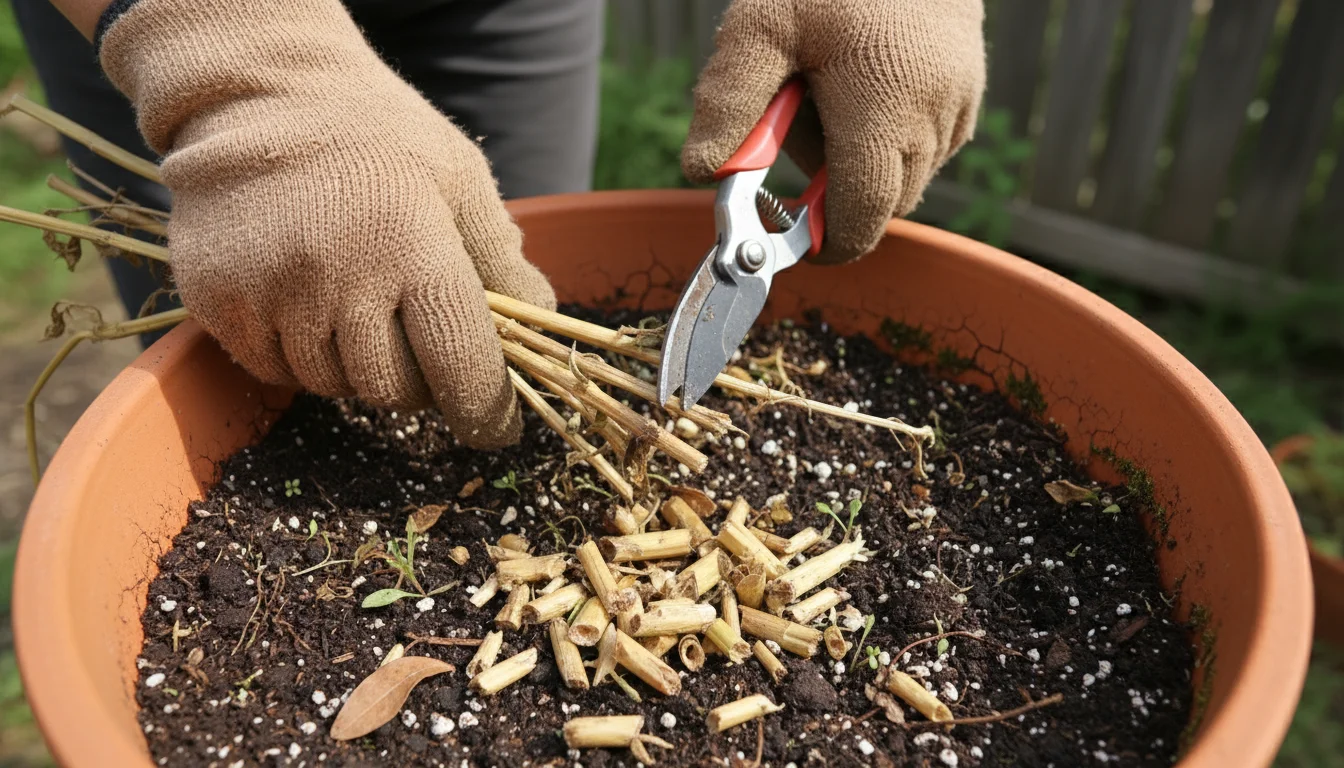 Close-up of gloved hands using pruners to cut dried plant stalks into small pieces over the soil of a terracotta pot.