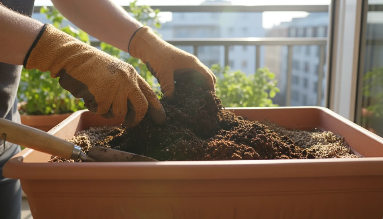 Gloved hands vigorously mix dark compost into potting soil within a rectangular balcony planter, preparing it for spring planting.