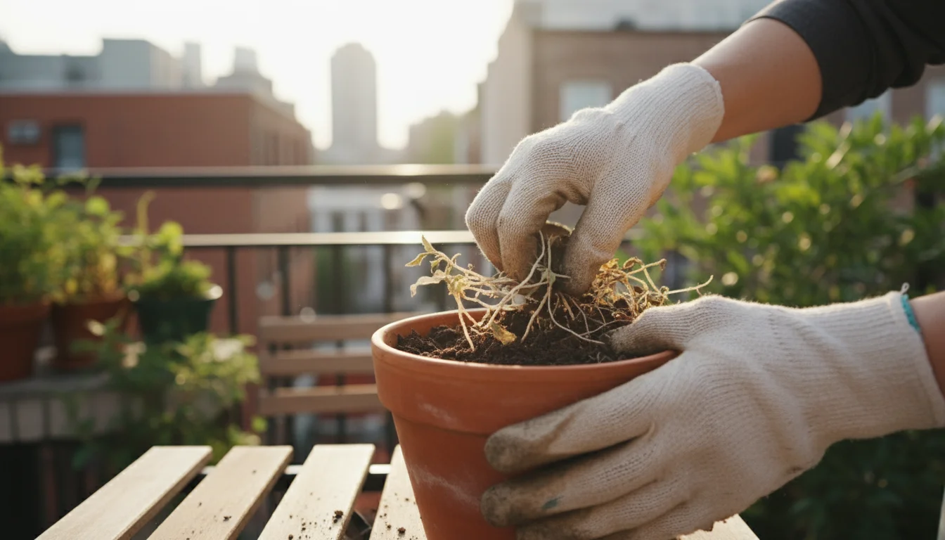 Close-up of gloved hands vigorously sifting through dark potting soil in a terracotta pot, pulling out tangled old roots and plant debris.