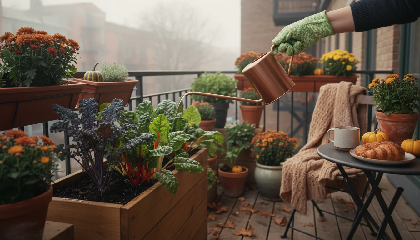 Gloved hands carefully watering vibrant kale and chard in a container on an urban balcony, with liquid fertilizer nearby.