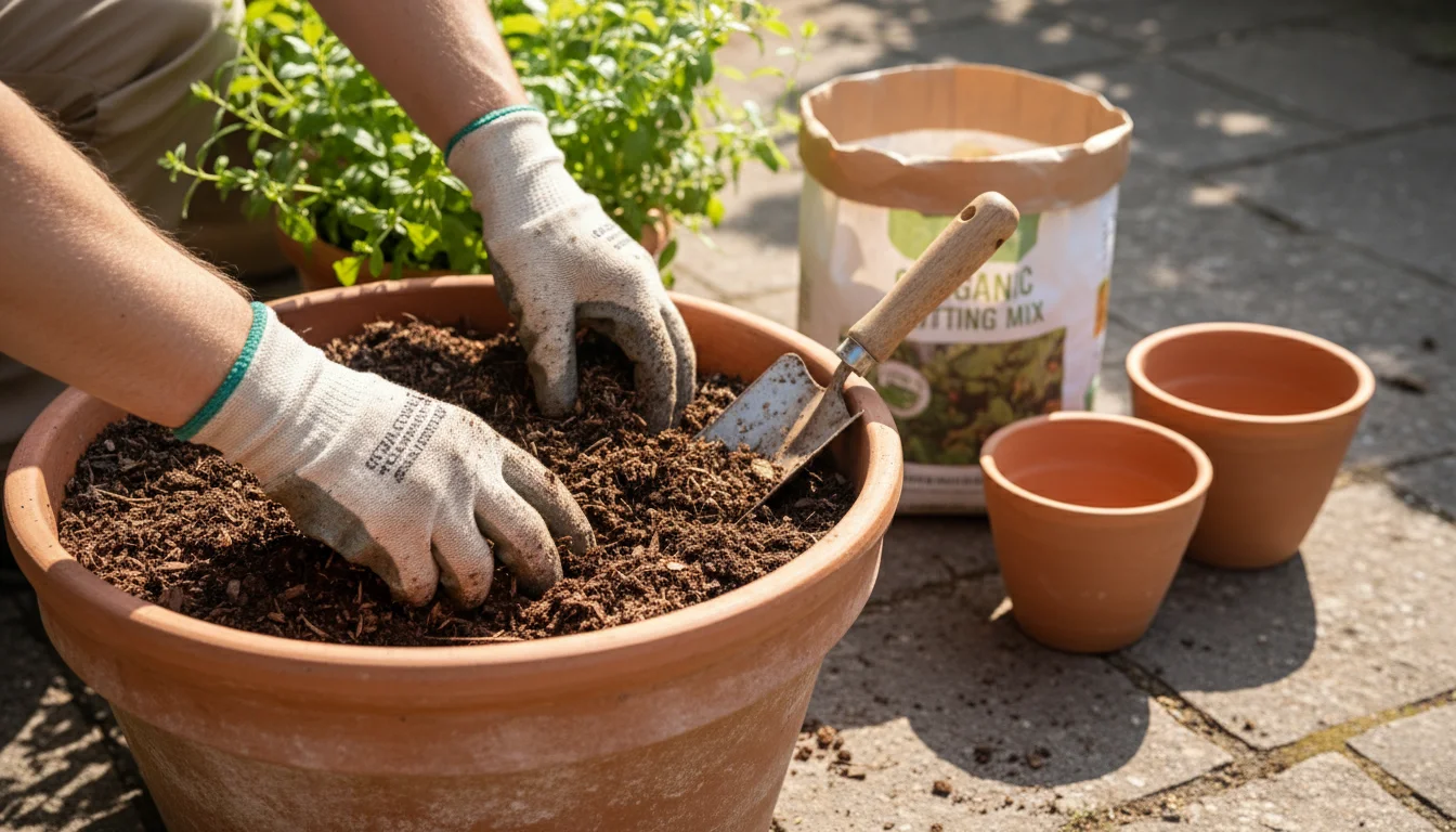 Gloves hands mix rich compost into soil in a terracotta pot on a sun-dappled patio, surrounded by other empty pots and organic potting mix.