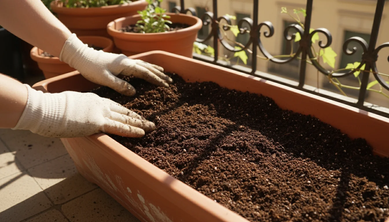 Gloves spread dark, crumbly compost in a long terracotta balcony planter on a sunny balcony.