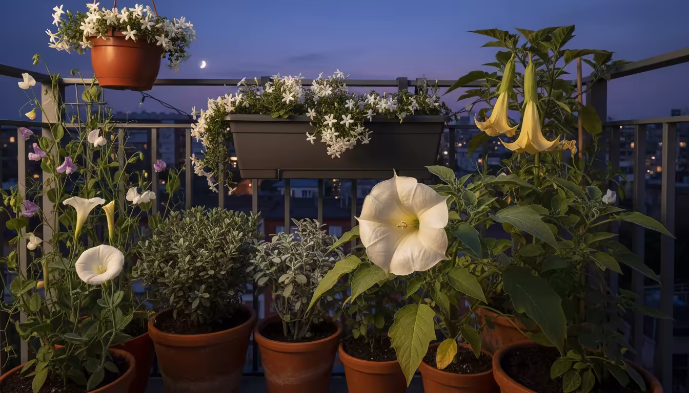 A glowing white Datura flower unfurls on an urban balcony at dusk, surrounded by other potted night-blooming plants with city lights twinkling in the