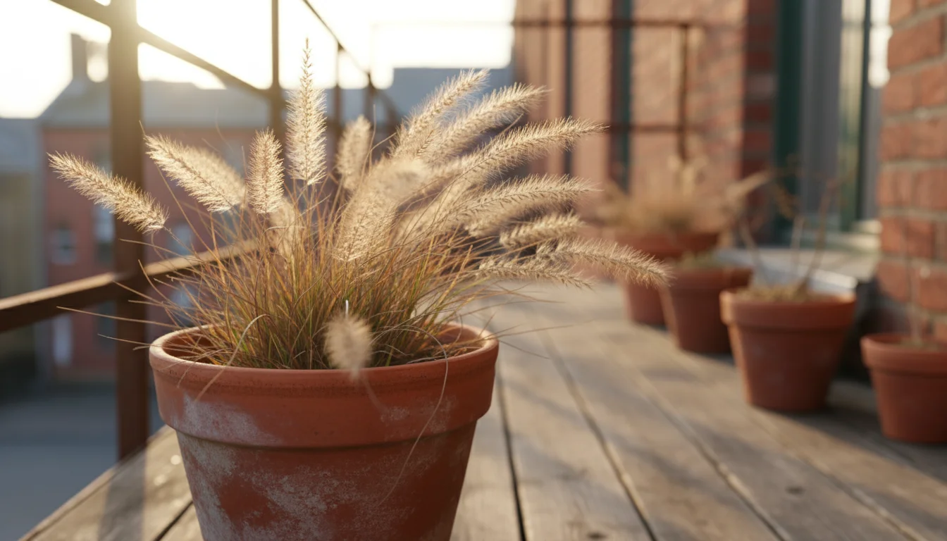 Close-up of golden, feathery seed heads of unpruned fountain grass in a ceramic pot on a balcony in late fall.
