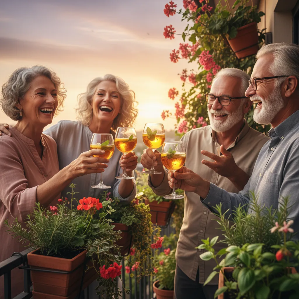 Close up of older friends laughing and toasting with drinks on a plant-filled balcony at golden hour, showing joyful connection.