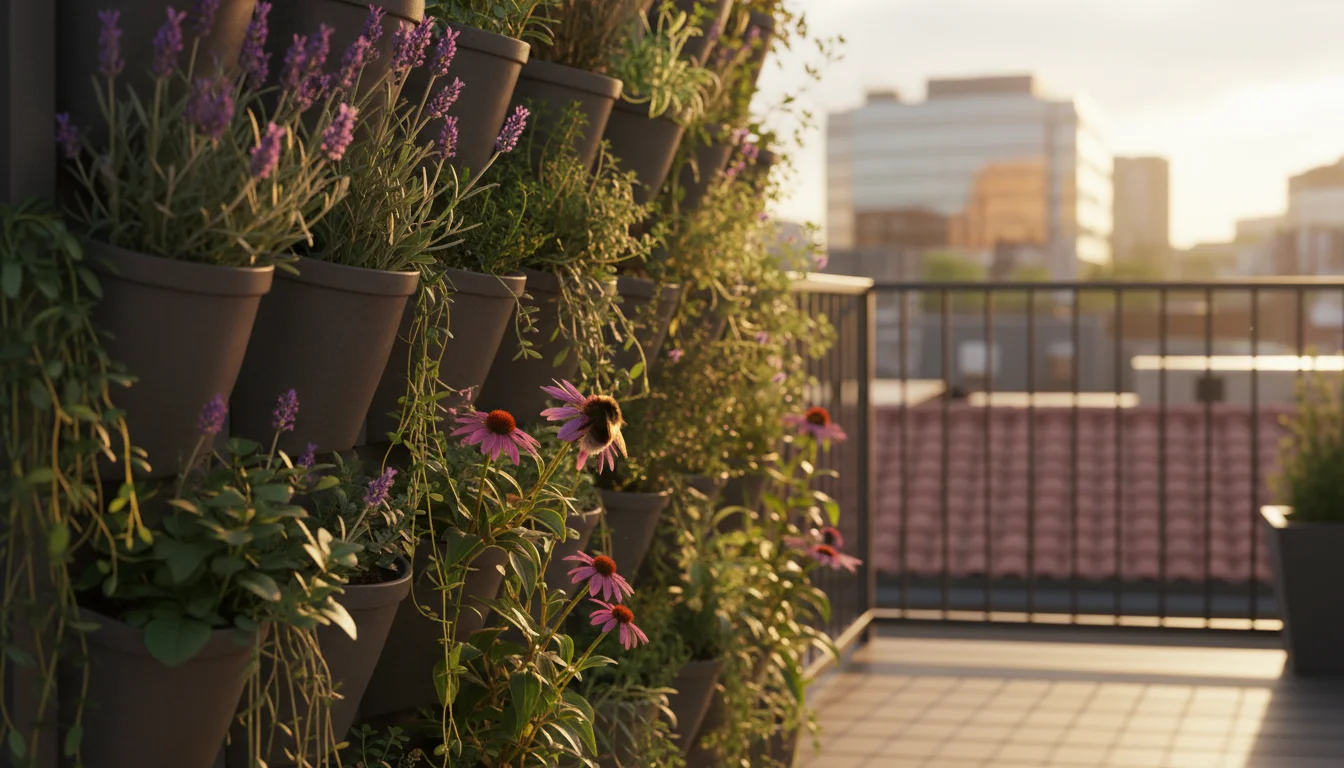 Golden hour illuminates a vertical garden on a balcony, with a bumblebee pollinating native flowers like lavender and coneflowers.