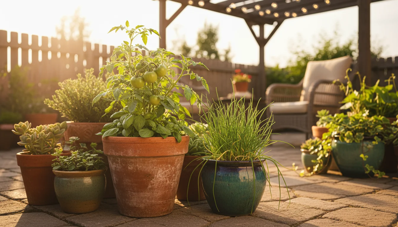 Golden hour light illuminates basil, chives, and a tomato plant thriving in a collection of pots on a patio.