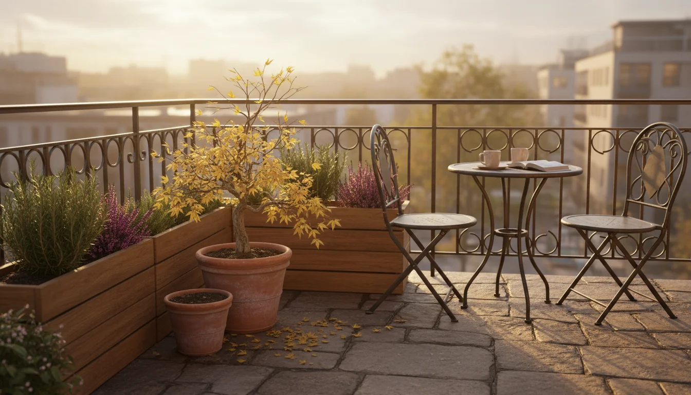 Golden hour on a small urban balcony garden. A dwarf shrub with yellowing leaves and a rosemary plant with firm stems signal autumn's arrival.