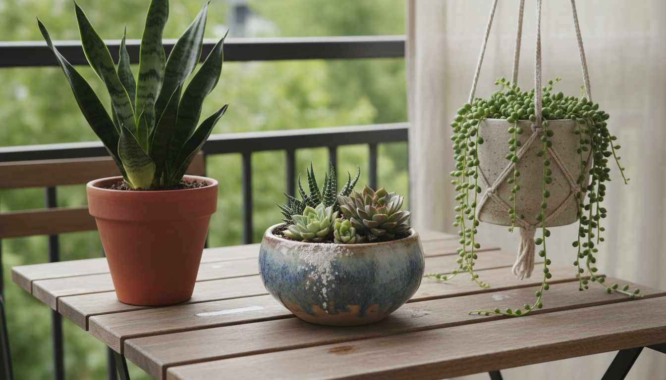 Three distinct container plants on a patio stand: a Sansevieria with visibly dry soil, a Pothos with slightly moist soil, and a Fittonia with damp soi