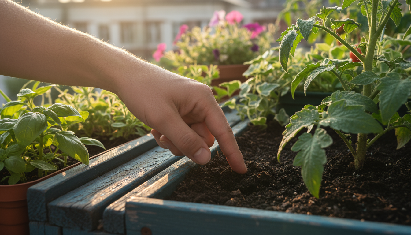 Person rotates a tomato plant in a terracotta pot on a sunny urban patio, surrounded by other thriving container vegetables.