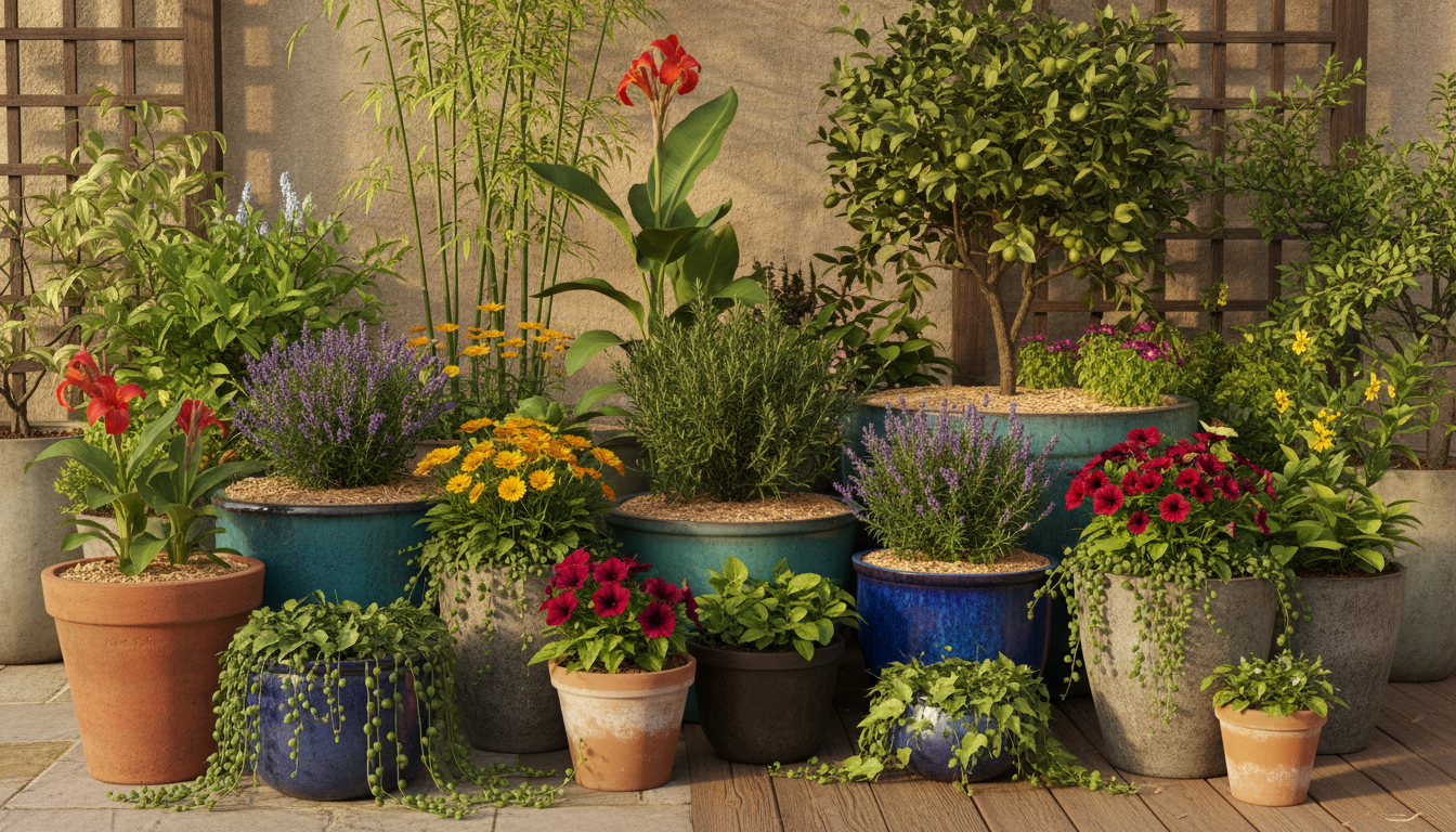 Senior's hands gently spray water on basil leaves in a terracotta pot on a patio, dislodging pests in golden light.