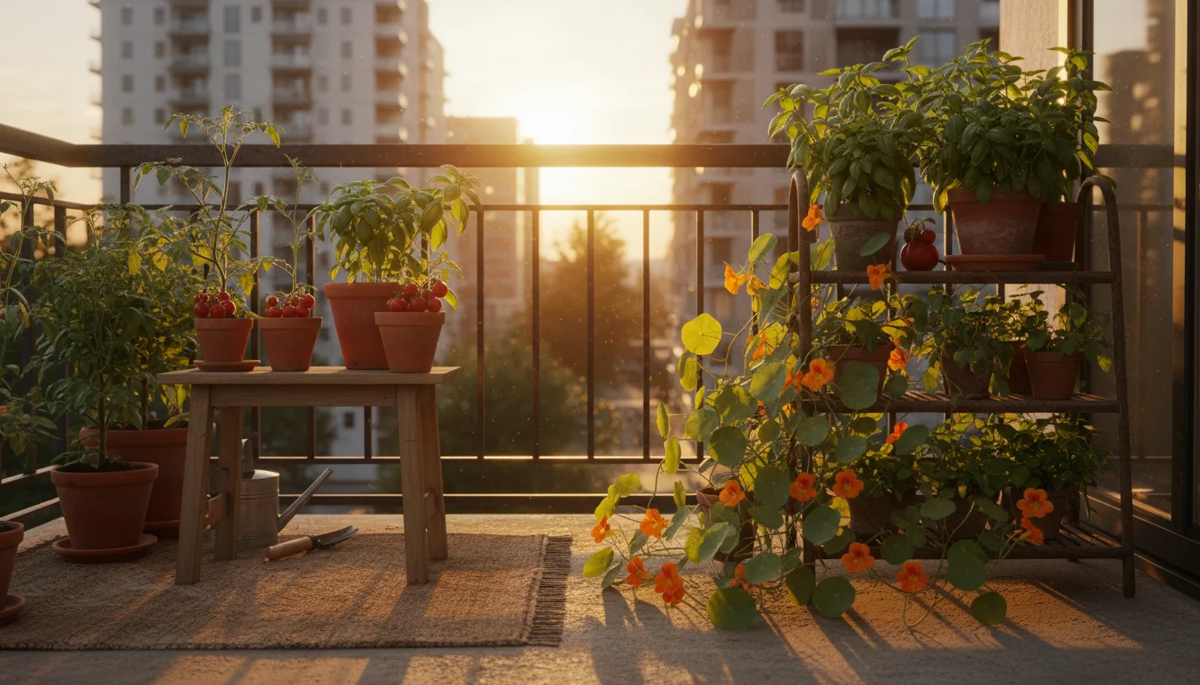 Golden hour sunlight illuminates a small urban balcony garden with potted tomatoes, basil, and nasturtiums, casting long shadows.
