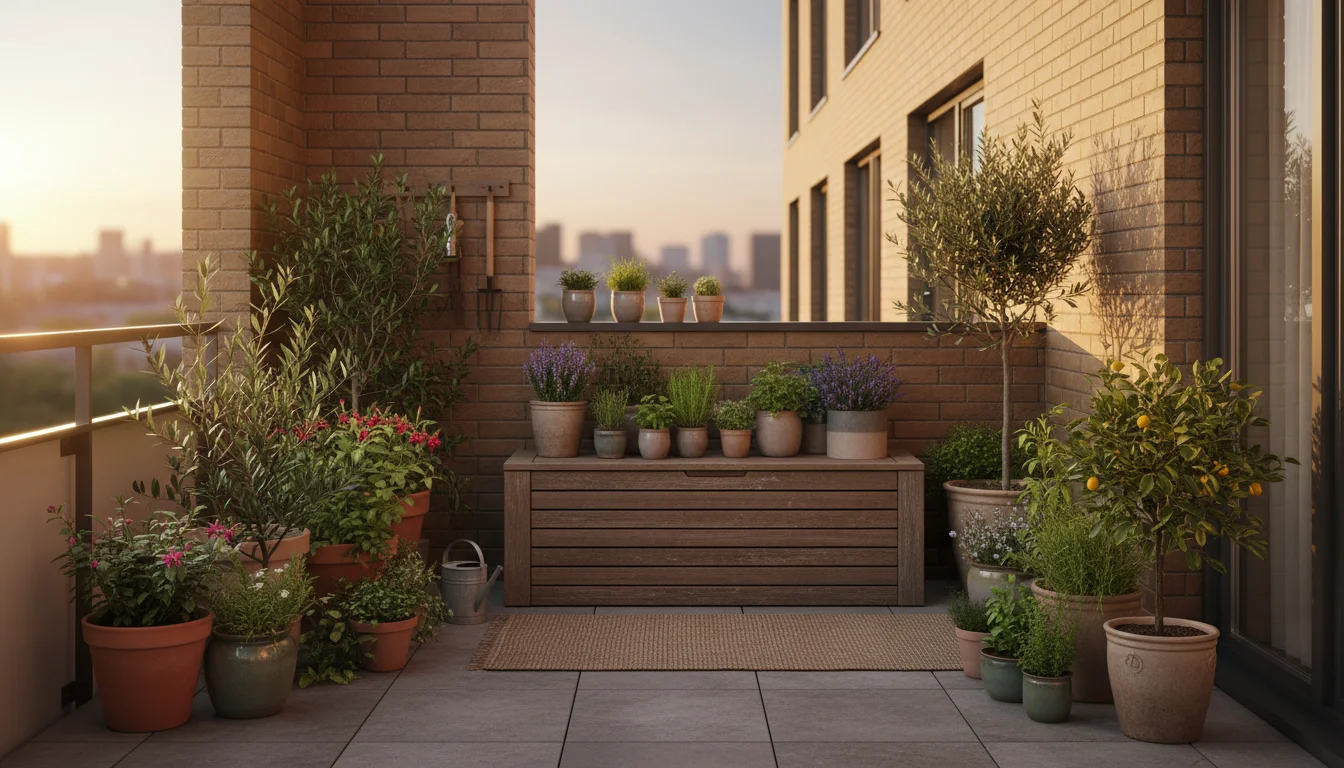 A golden-hour shot of an urban balcony showing potted plants sheltered in a corner, behind a wooden bench, and near a wall.
