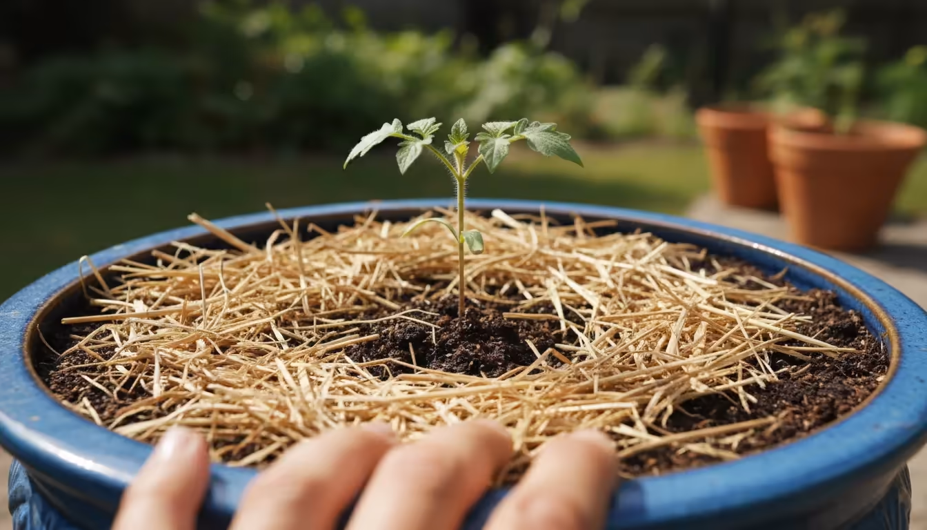 Close-up of golden straw mulch around a small tomato seedling in a blue ceramic pot, with a hand visible. Shredded leaves in a blurred background pot.