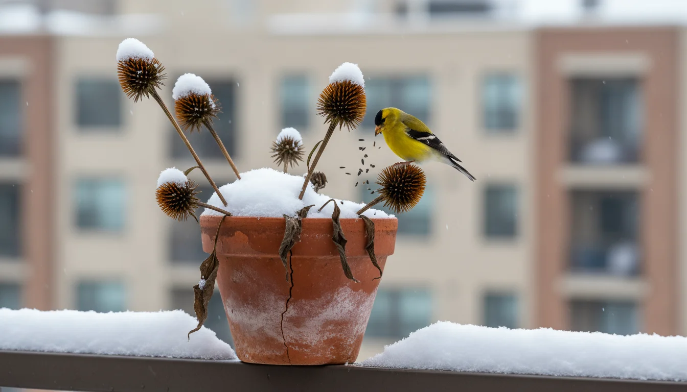 Goldfinch pecking seeds from snow-dusted dried Echinacea cones in a terracotta pot on a balcony railing in winter.
