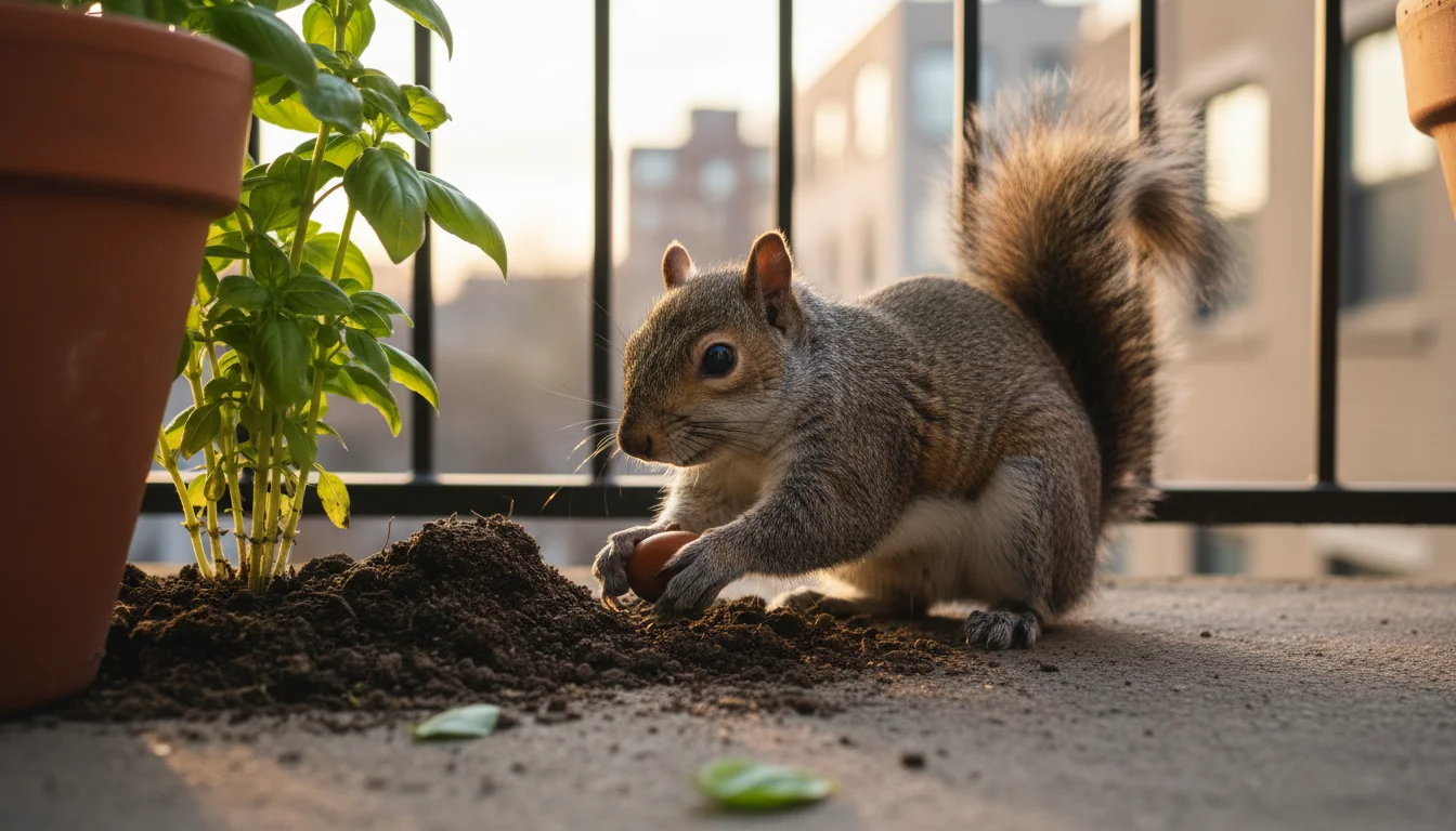A gray squirrel actively burying a small acorn in the disturbed soil of a basil plant in a terracotta pot on a balcony.