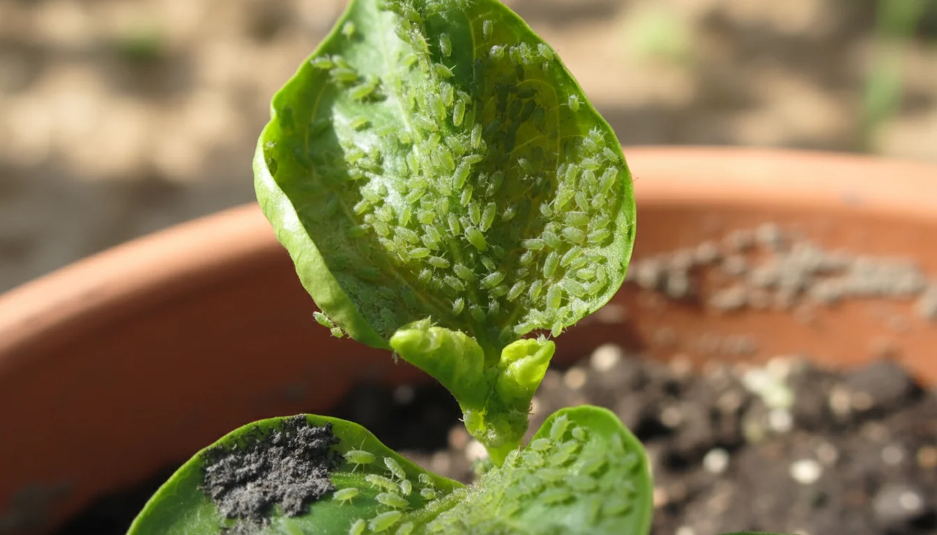 Macro shot of green aphids clustered on a curled bell pepper leaf, showing honeydew and sooty mold in a terracotta pot on a patio.