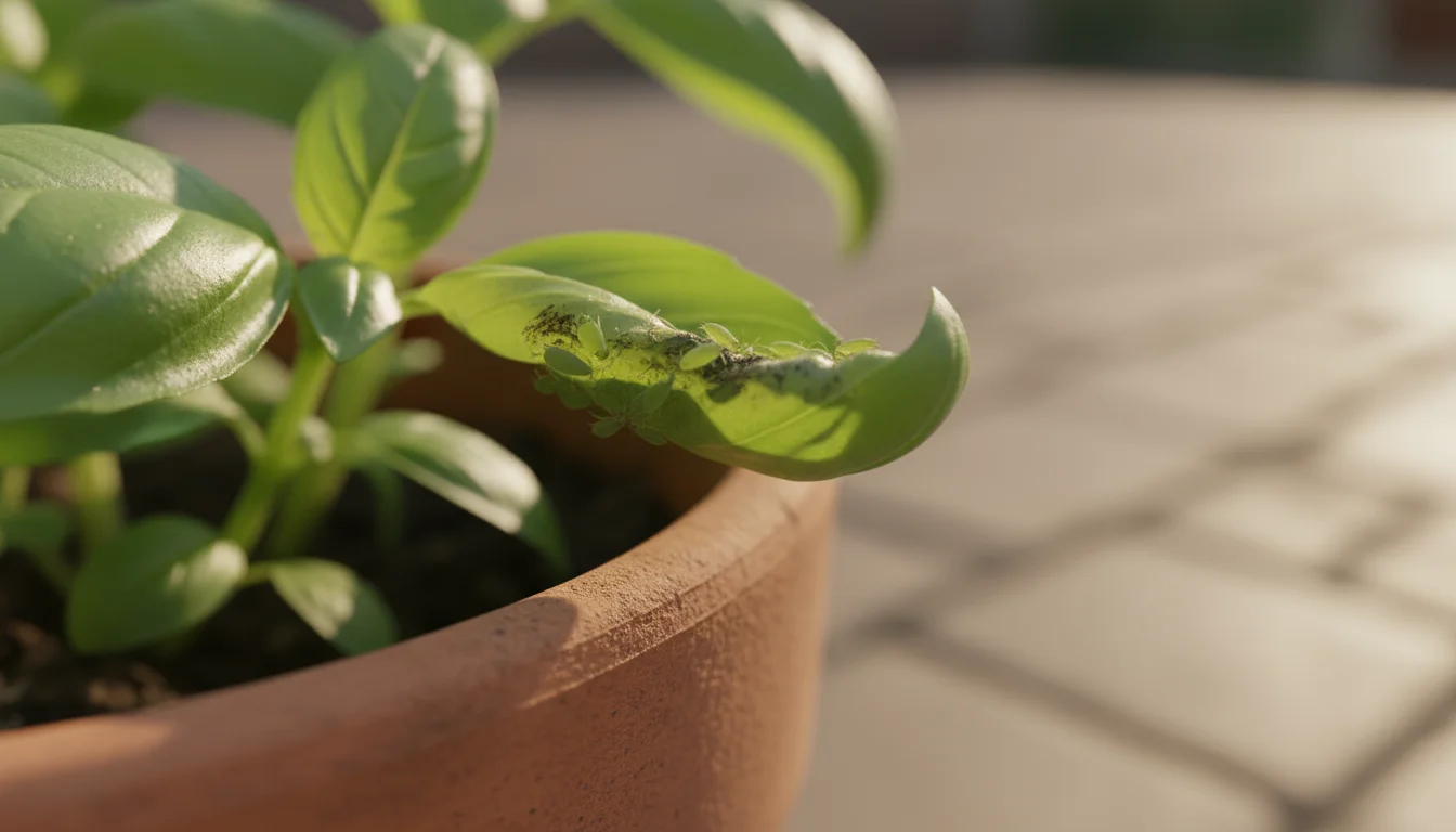 Close-up of green aphids and honeydew on a slightly curled basil leaf in a terracotta pot on a sunny patio.