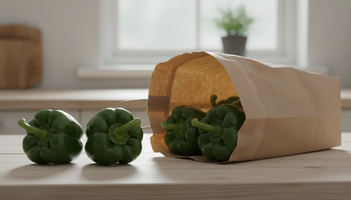 Green bell peppers, some starting to blush orange, displayed on a wooden counter with a paper bag.