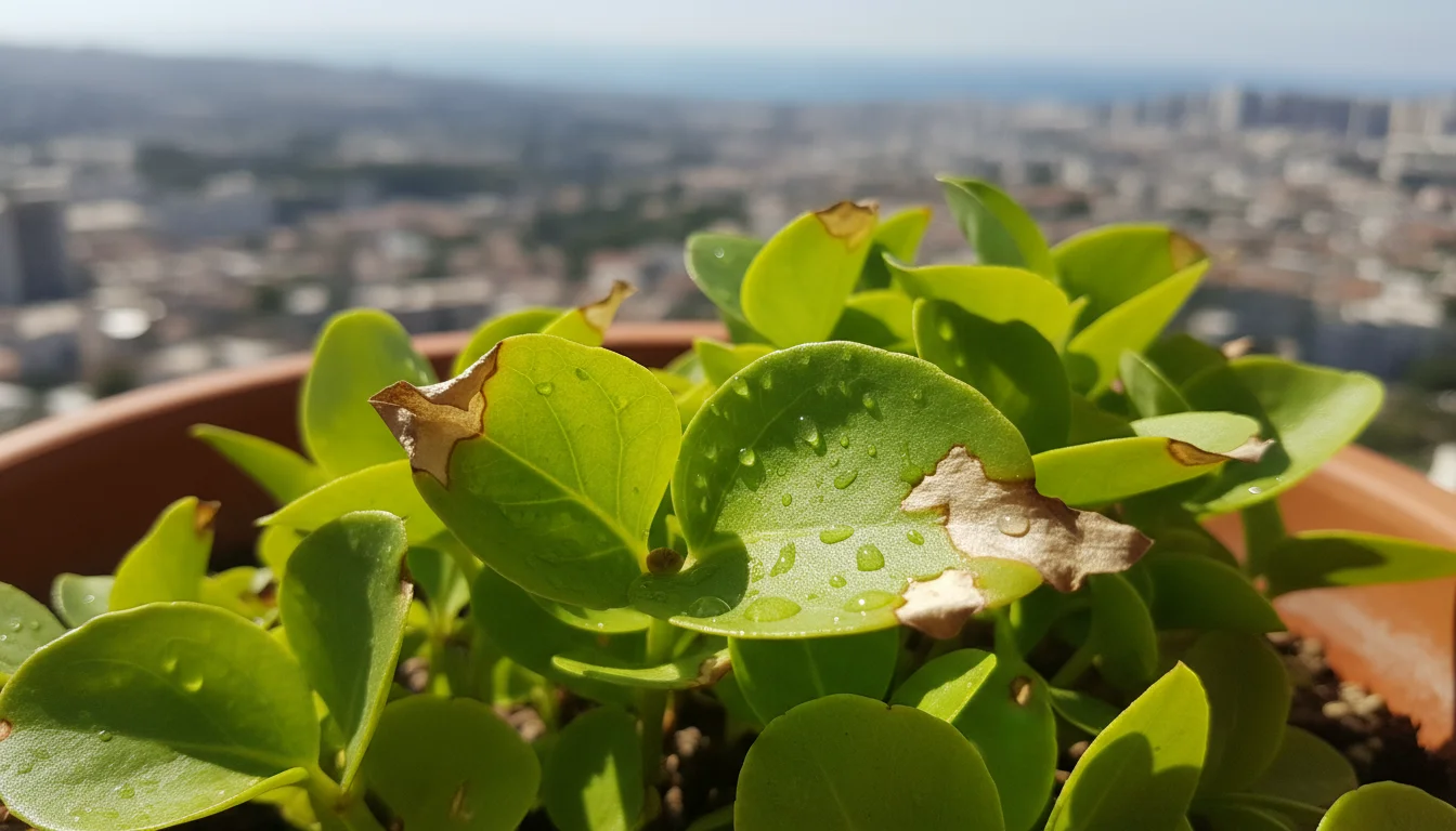Close-up of green container plant leaves on a balcony, showing subtle brown leaf burn and glistening water droplets under harsh midday sun.