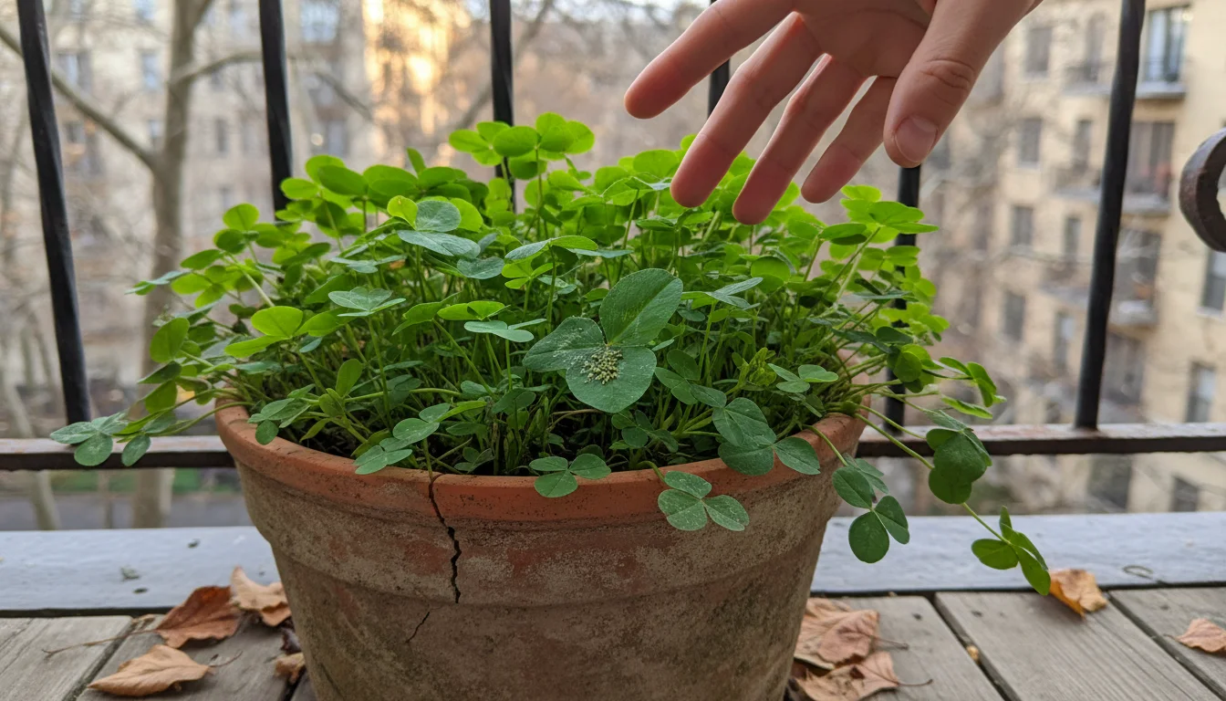 A close-up of green cover crops in a terracotta pot. A bare hand hovers over leaves with green aphids on an urban balcony.