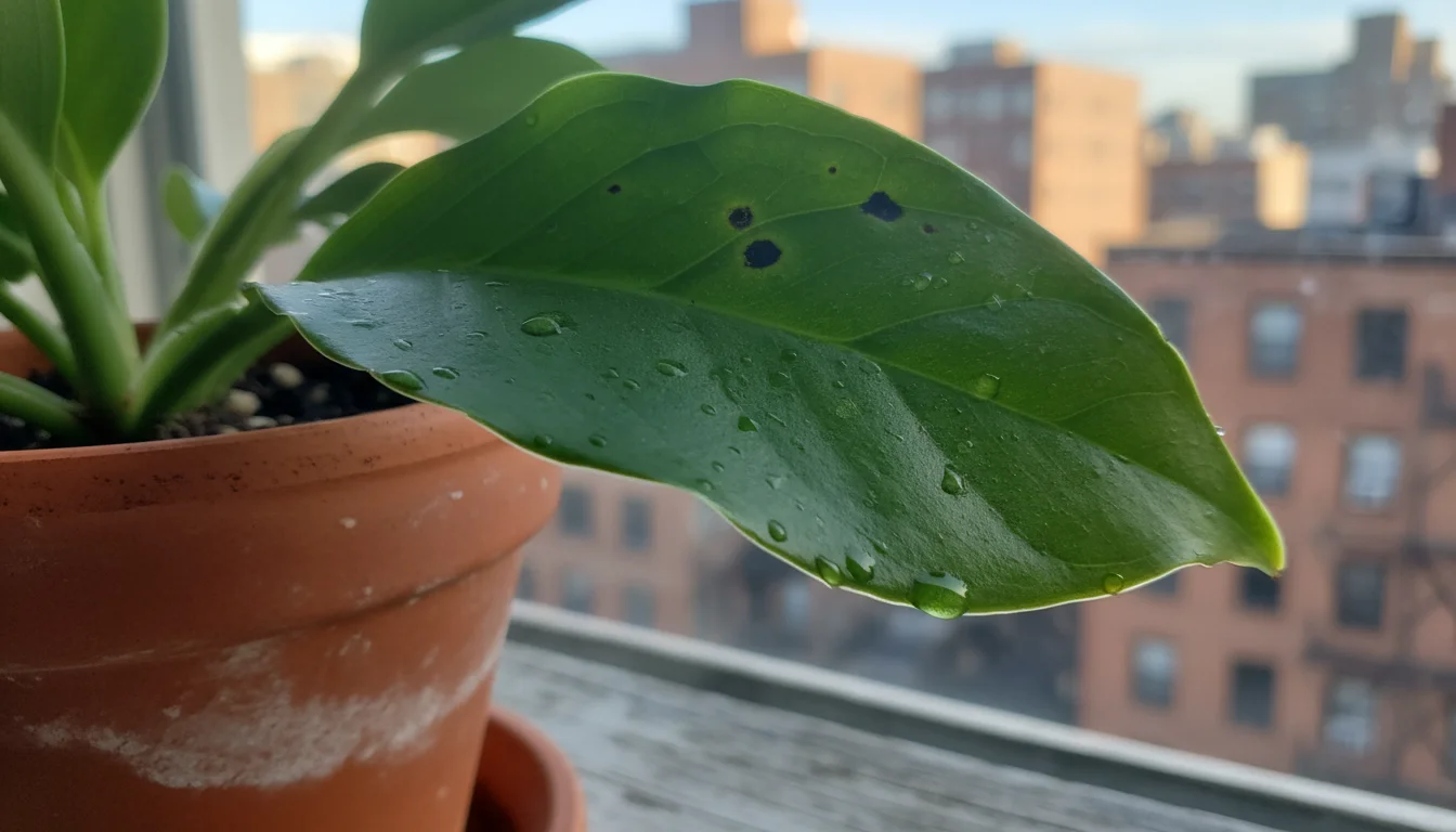 Close-up of a green houseplant leaf in a terracotta pot, showing small dark spots and water droplets from over-misting.
